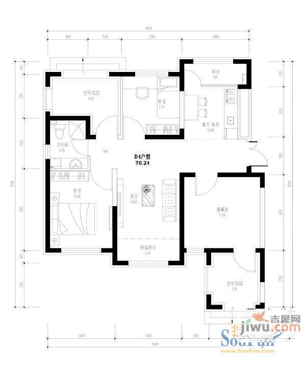 香榭丽舍3室1厅1卫70.2㎡户型图