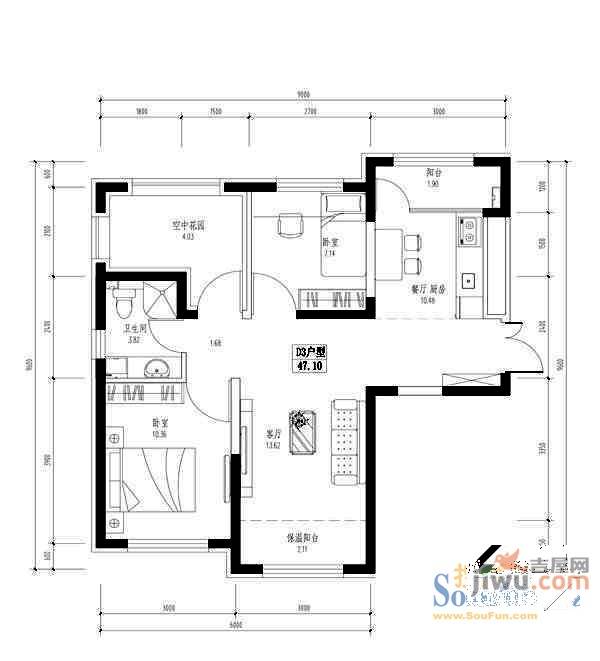 香榭丽舍2室1厅1卫47.1㎡户型图