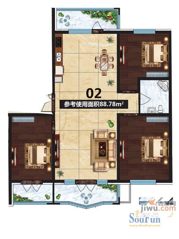 盛恒基盛世天地3室1厅1卫88.8㎡户型图