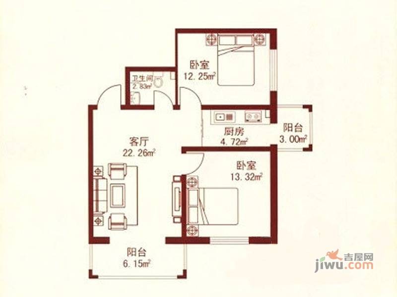 江城之珠2室1厅1卫55.4㎡户型图