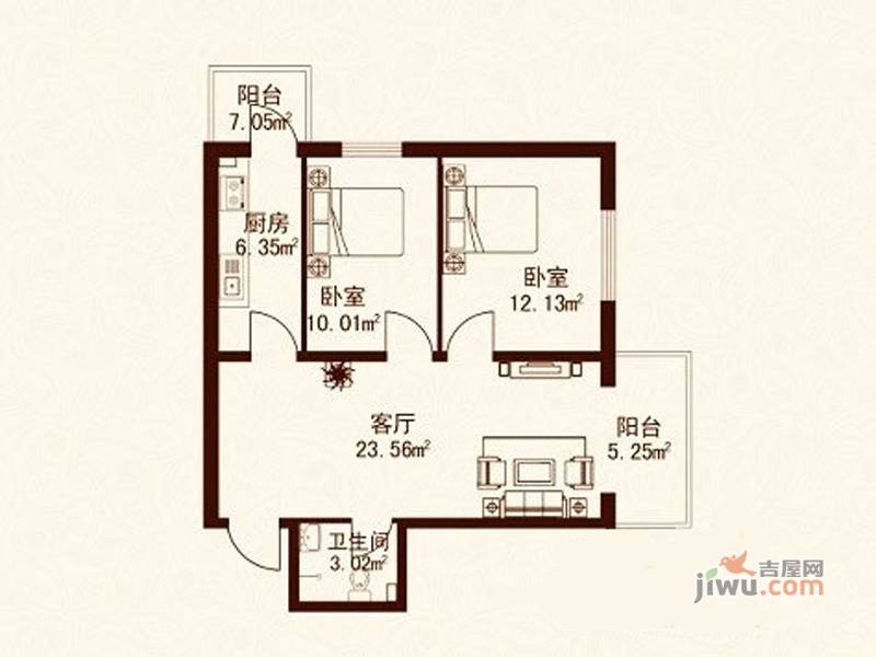 江城之珠2室1厅1卫55.1㎡户型图