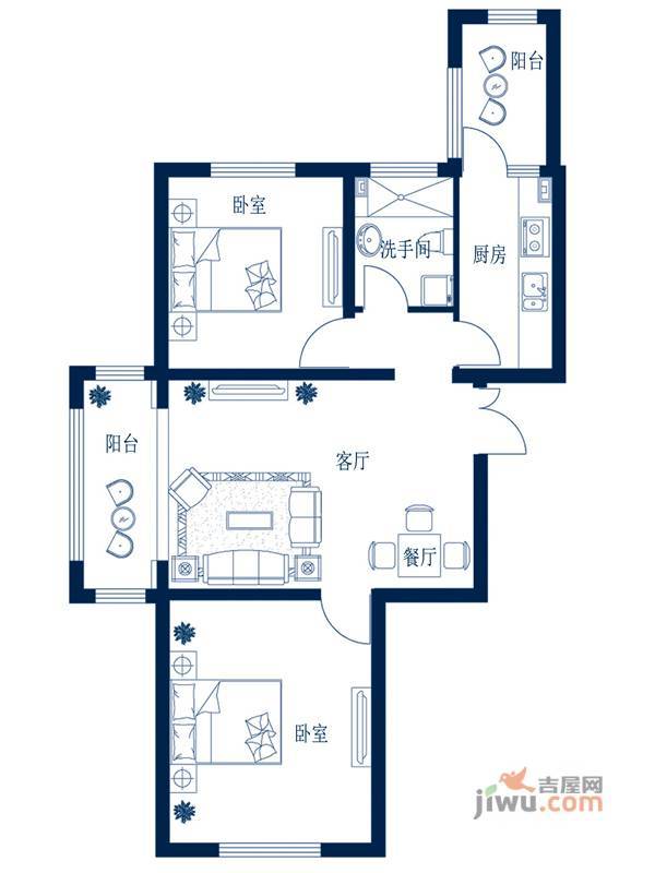 深蓝杰座2室1厅1卫63.8㎡户型图