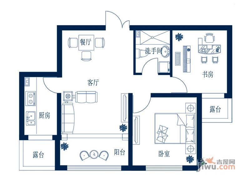 深蓝杰座2室1厅1卫52㎡户型图