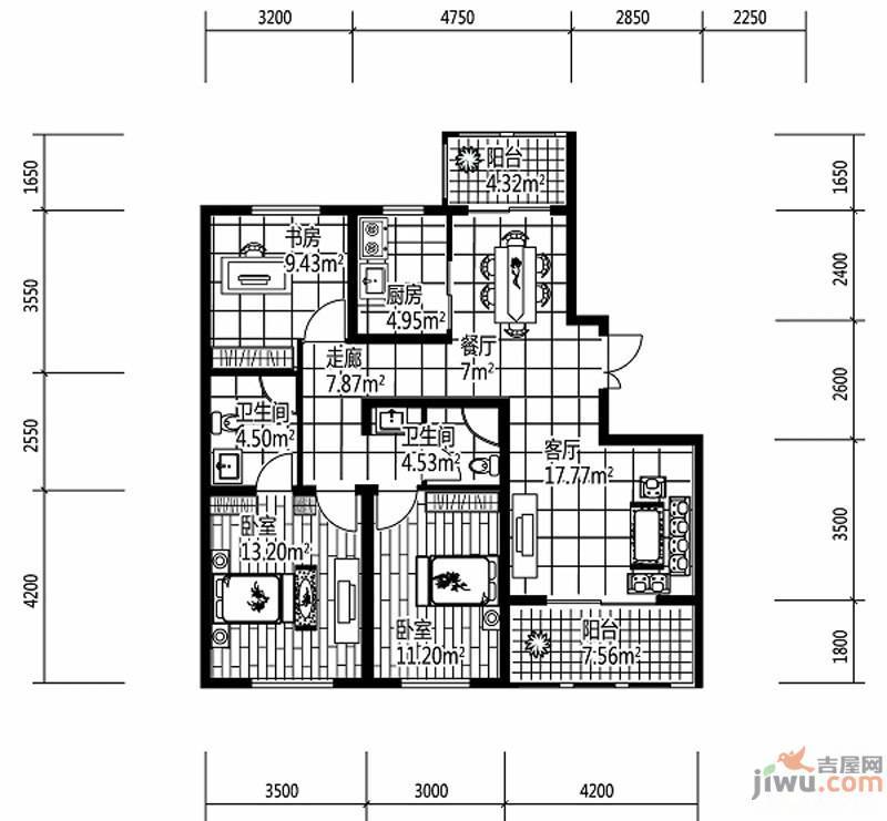 深蓝杰座3室2厅2卫80㎡户型图