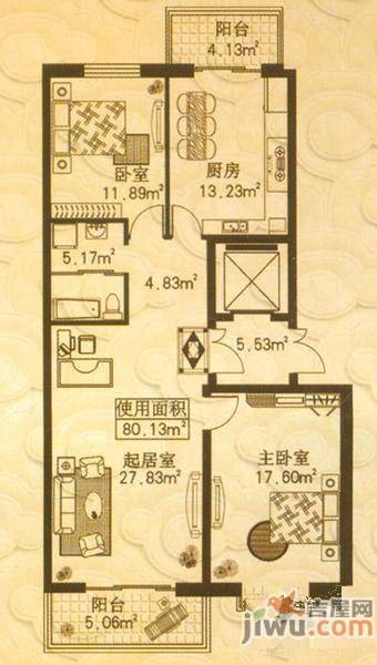 紫金宫庭2室1厅1卫80.1㎡户型图