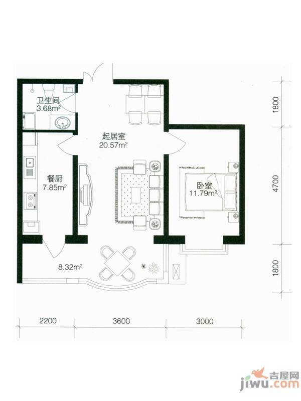 南极国际维也纳花1室1厅1卫43.9㎡户型图