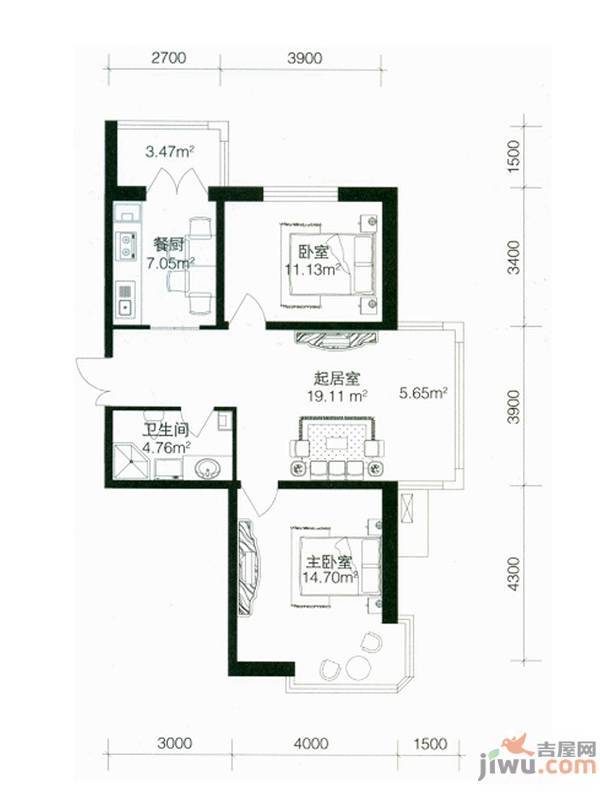 南极国际维也纳花2室1厅1卫56.8㎡户型图