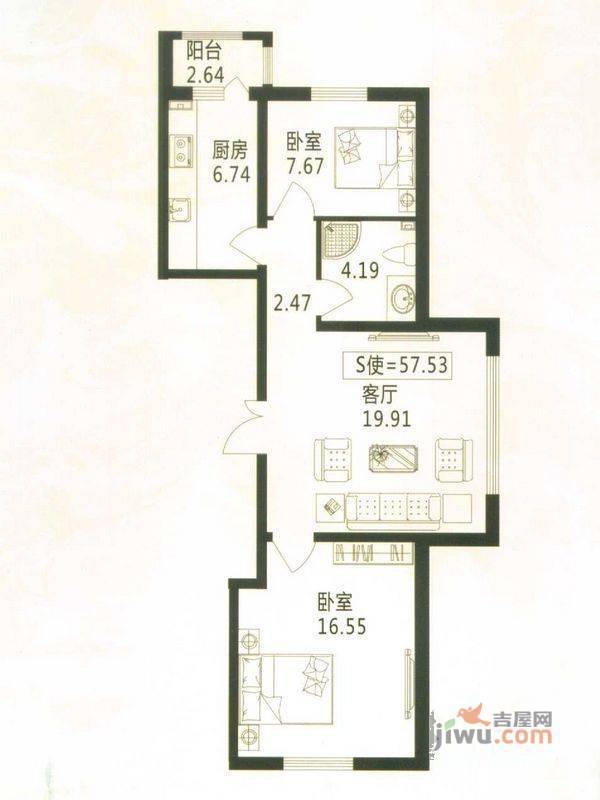 怡园绿景2室1厅1卫57.5㎡户型图