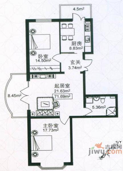 金泰湖滨绿茵2室1厅1卫110㎡户型图