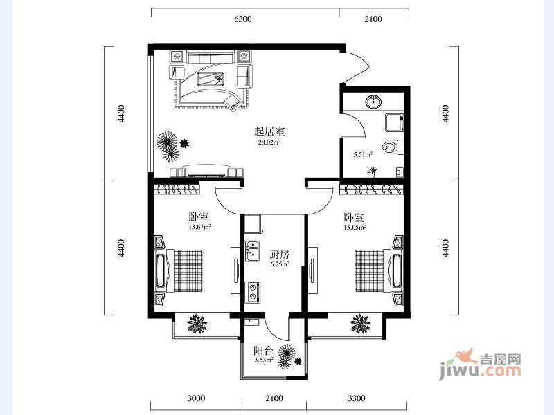 恒祥中山2室1厅1卫47.2㎡户型图