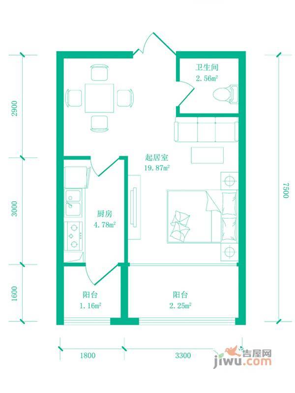 V时代1室1厅1卫29.5㎡户型图