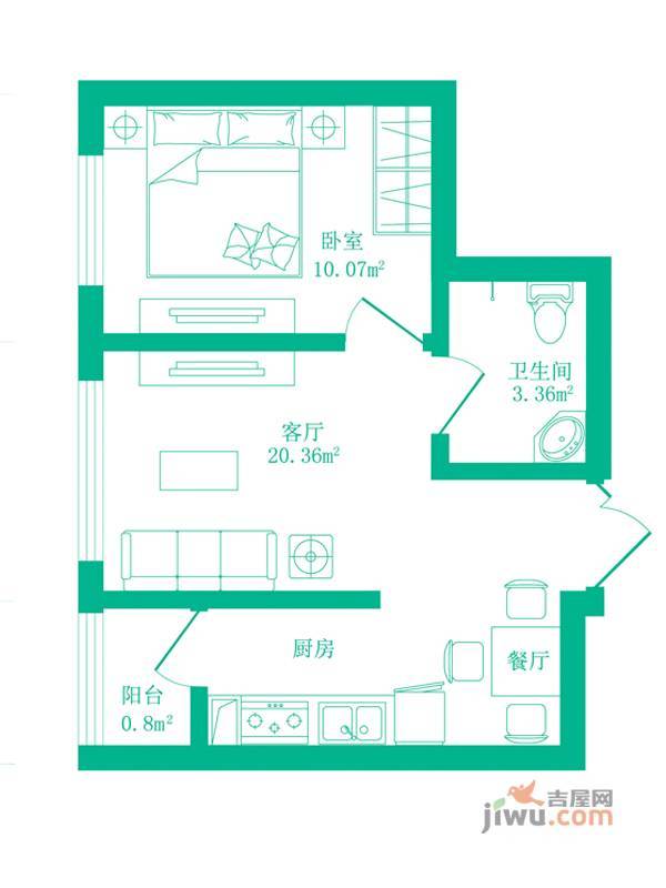 V时代1室2厅1卫33.8㎡户型图