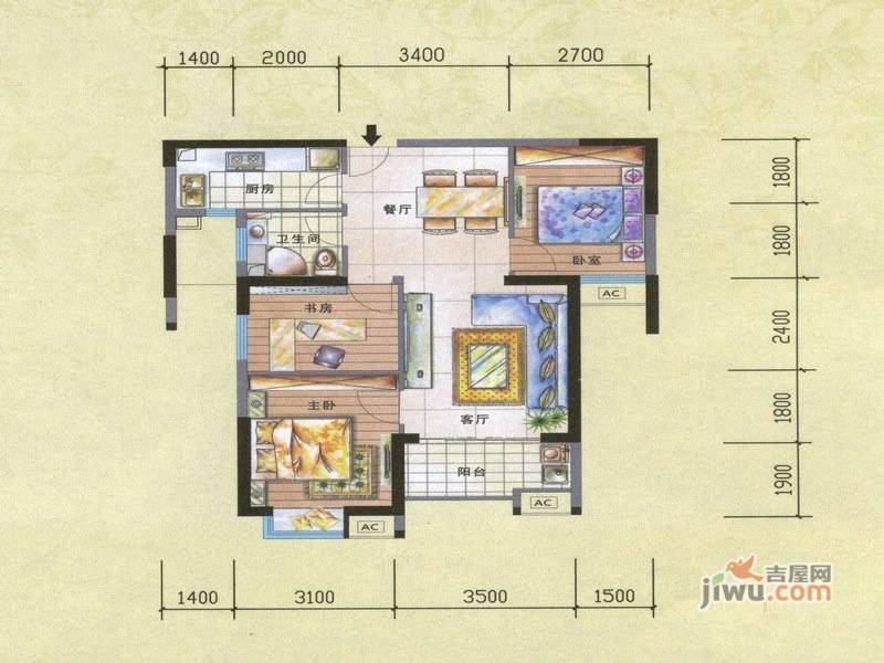 福晟钱隆御景3室2厅2卫86.8㎡户型图