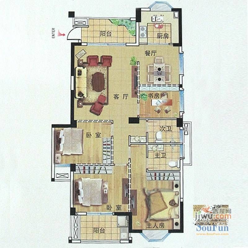 中胜财富天下3室2厅2卫129㎡户型图