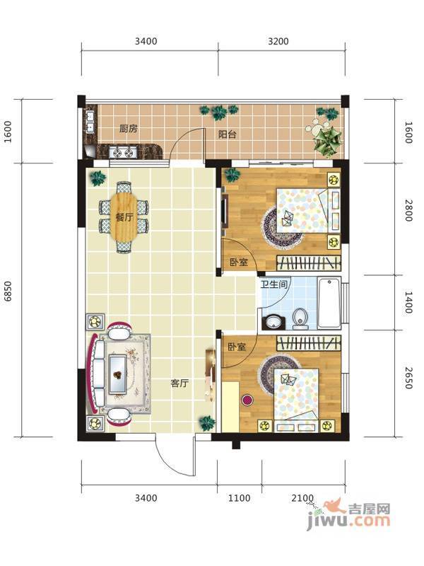 振宁i时代2室2厅1卫59.9㎡户型图