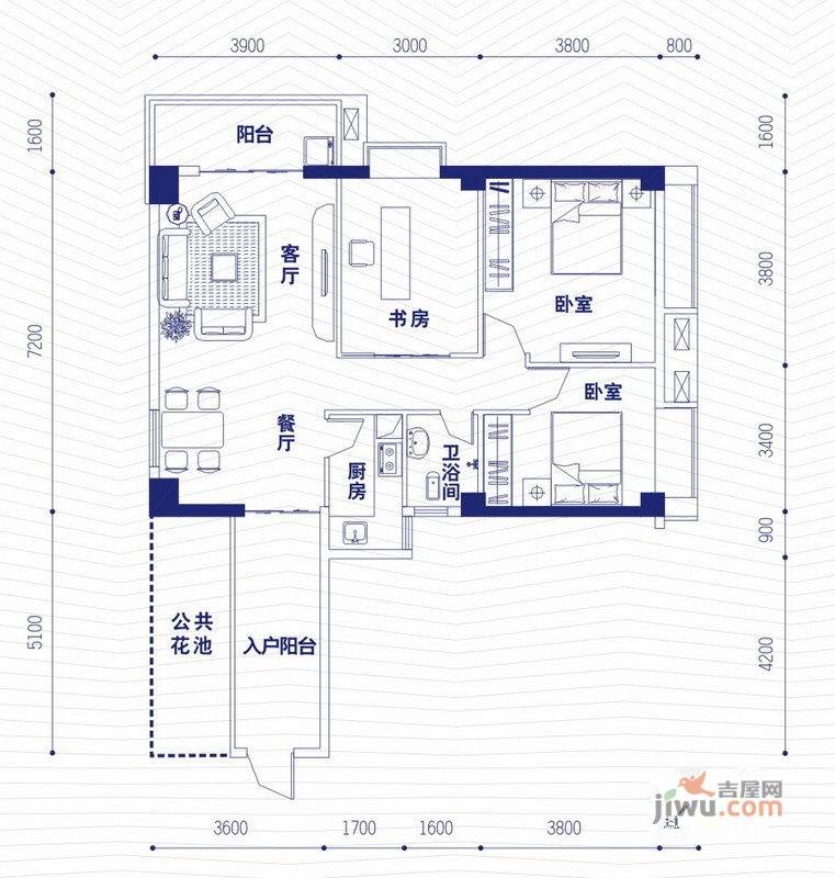 融昌邕江银座3室2厅1卫110.1㎡户型图