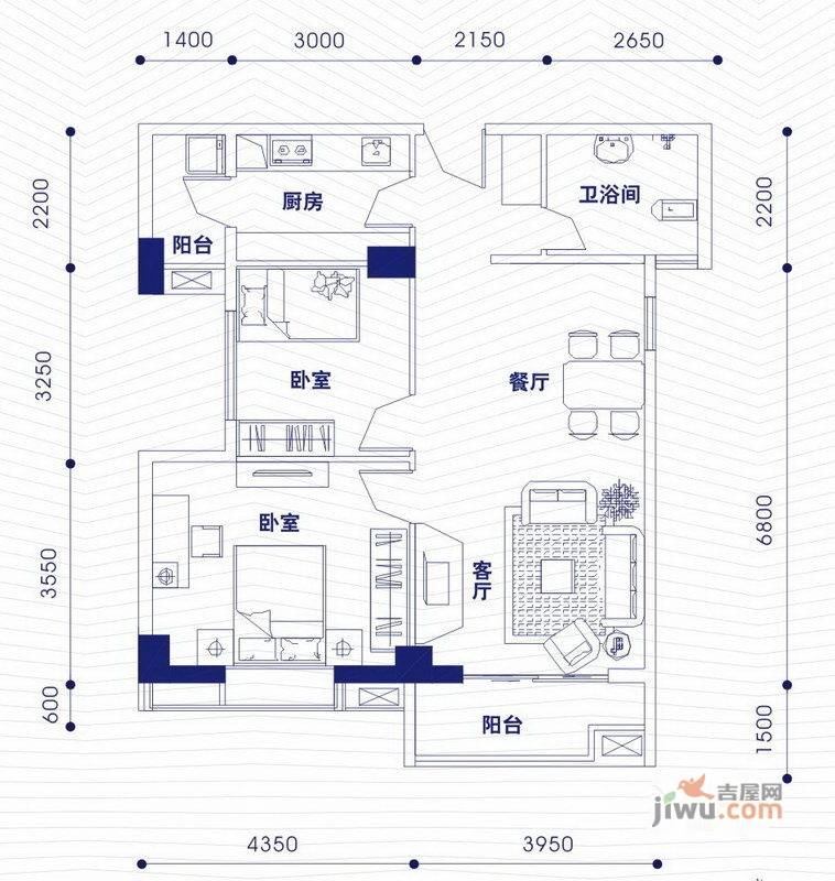 融昌邕江银座2室2厅2卫93.9㎡户型图