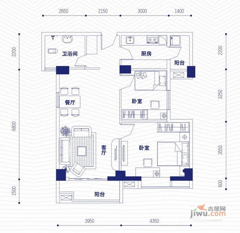 融昌邕江银座2室2厅2卫93.9㎡户型图