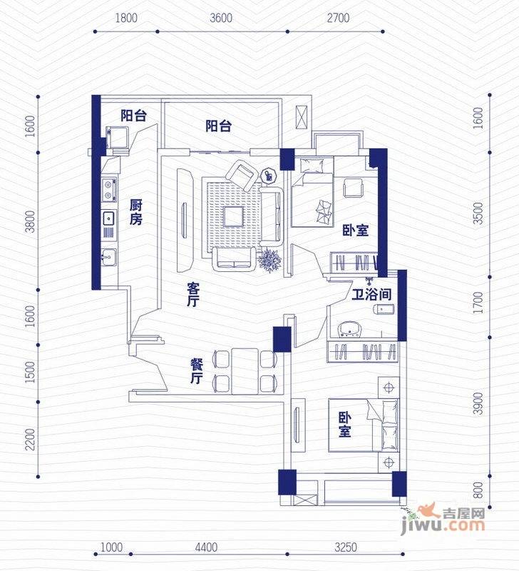 融昌邕江银座2室2厅2卫84.4㎡户型图