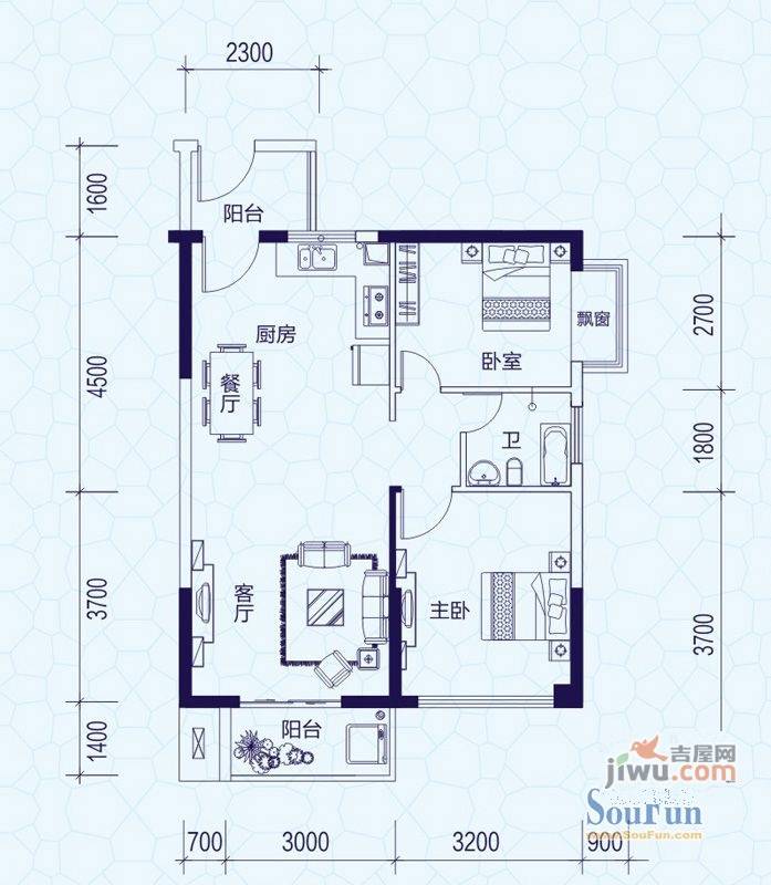 昌泰水立方2室2厅1卫75.9㎡户型图