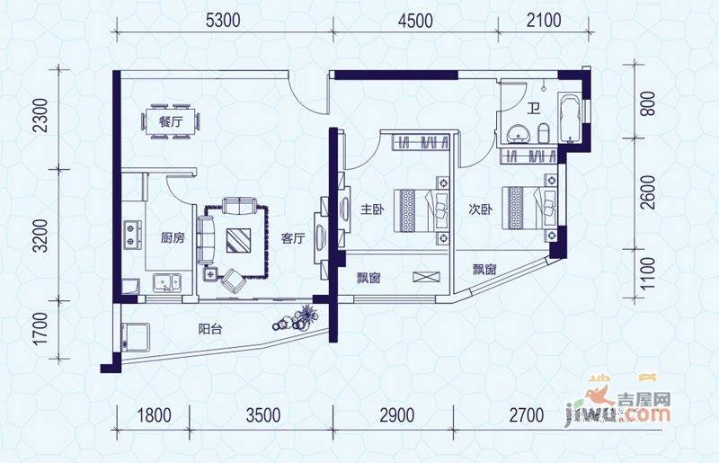 昌泰水立方2室2厅2卫72.1㎡户型图