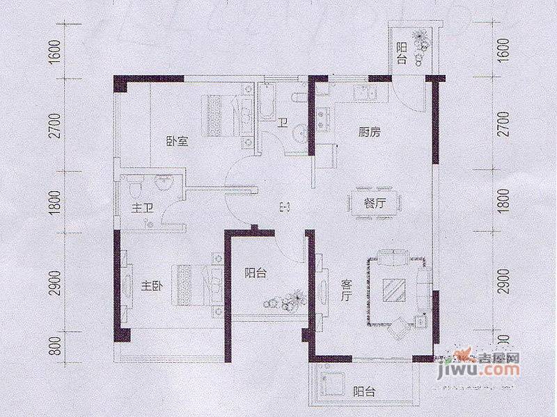 昌泰水立方2室2厅2卫88㎡户型图