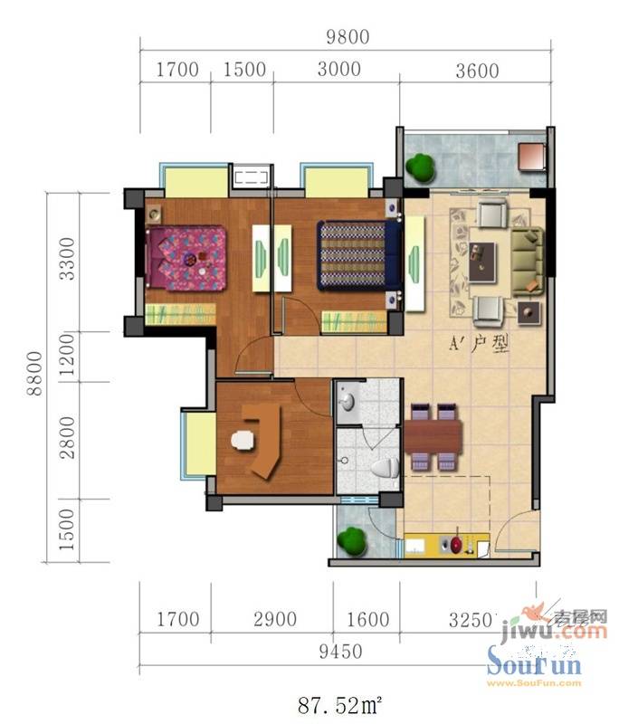 香堤雅院3室2厅1卫87.5㎡户型图