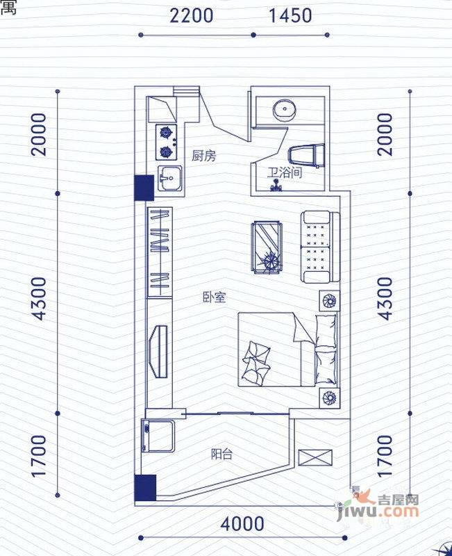 融昌邕江银座1室1厅1卫38.8㎡户型图