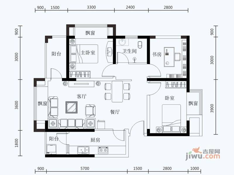 天筑食尚广场3室2厅2卫86.4㎡户型图