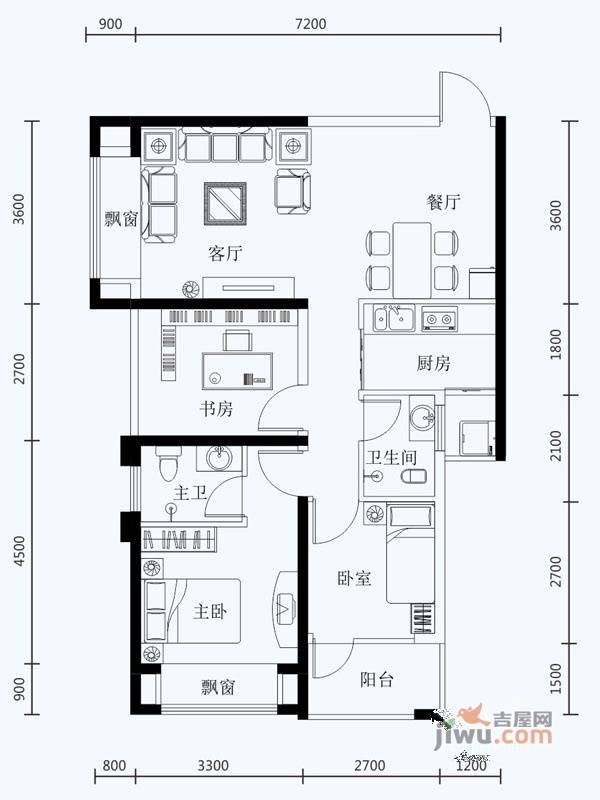 天筑食尚广场3室2厅2卫86.7㎡户型图