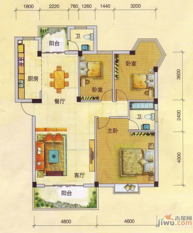 南宁奥园3室2厅2卫125.6㎡户型图