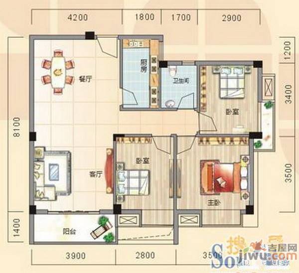 碧园南城故事3室2厅1卫90㎡户型图