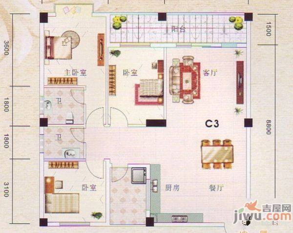 凤岭名园·弥珍道3室2厅2卫126㎡户型图