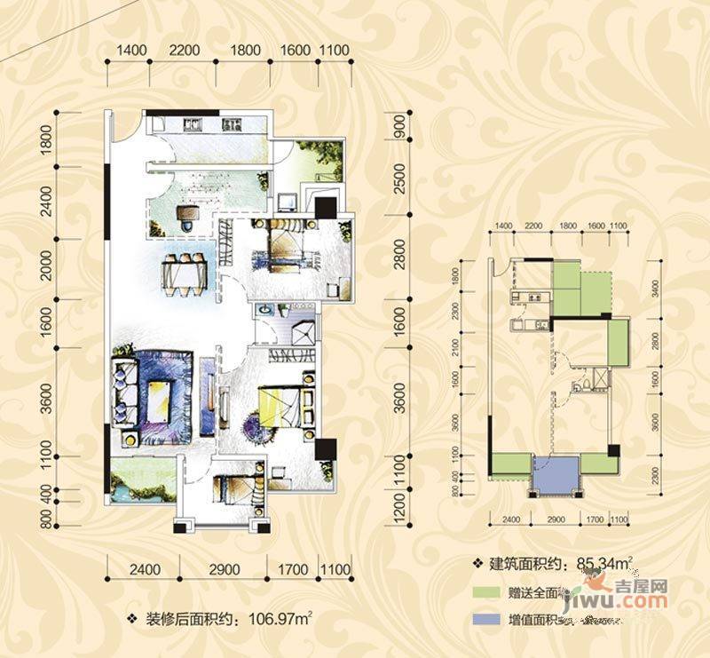 盛天果岭2室2厅2卫88.5㎡户型图