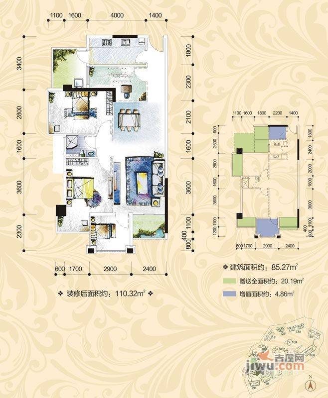 盛天果岭2室2厅2卫88.5㎡户型图