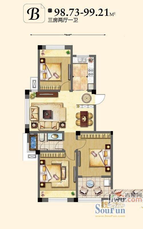 金色领寓3室2厅1卫100.3㎡户型图