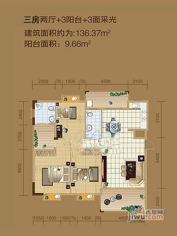 颐和家园三期3室2厅2卫136.4㎡户型图