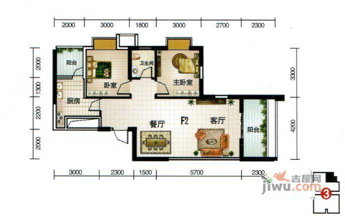 宝莲大厦2室2厅1卫90.6㎡户型图