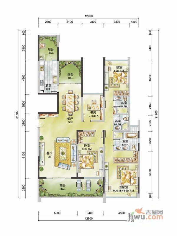 格力广场3期将军4室2厅3卫216.1㎡户型图