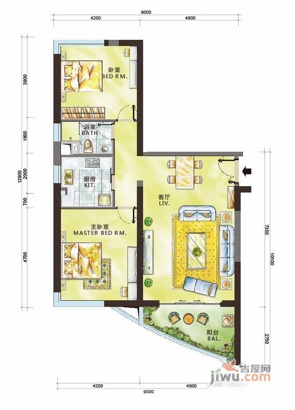 格力广场3期将军2室2厅1卫112.1㎡户型图