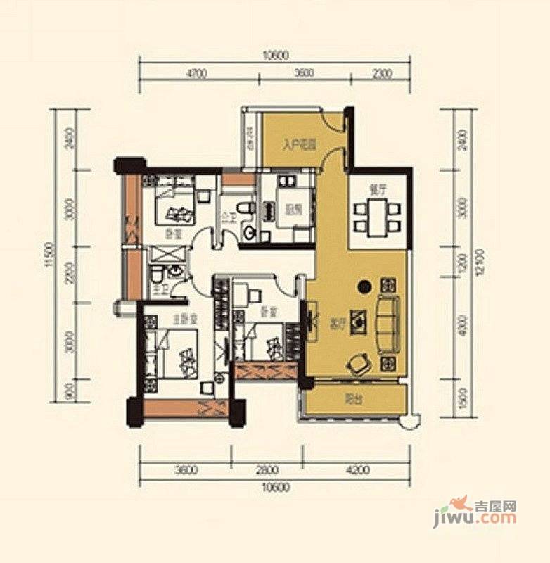 五洲家园3室2厅2卫101㎡户型图