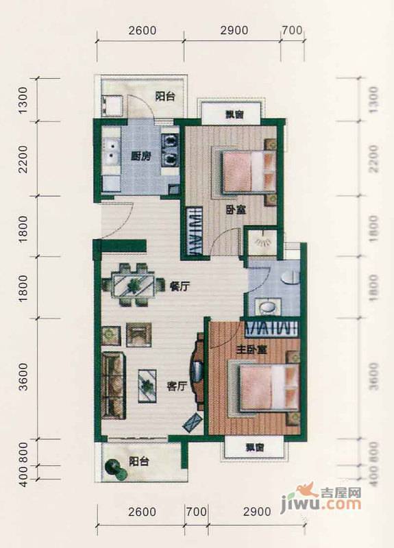 西江月2室2厅1卫66.5㎡户型图