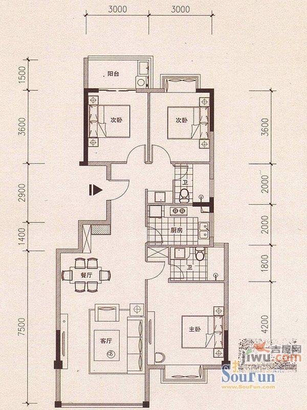 古龙翰林阁3室2厅2卫122㎡户型图