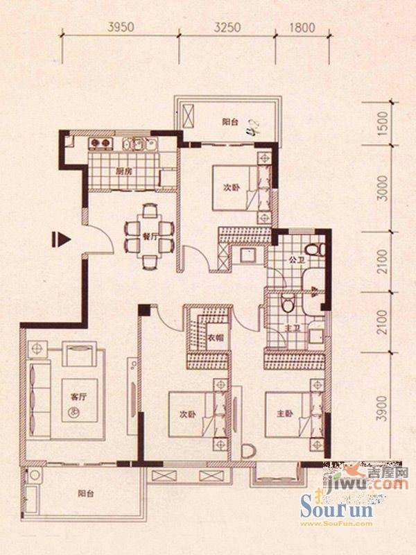 古龙翰林阁3室2厅2卫126㎡户型图