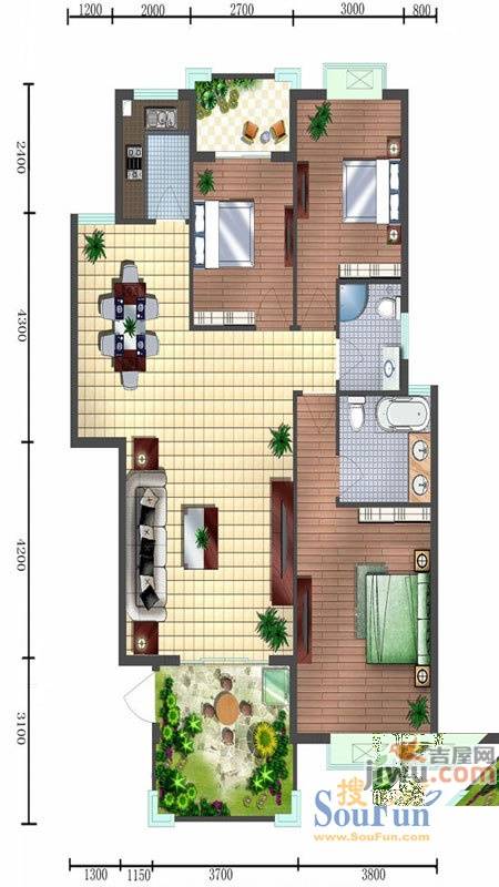 阳光翠庭3室2厅2卫119.1㎡户型图