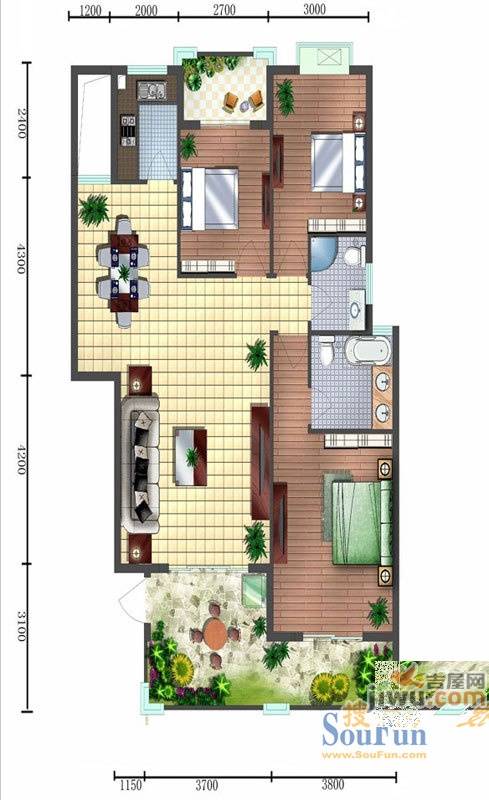 阳光翠庭3室2厅2卫120.4㎡户型图