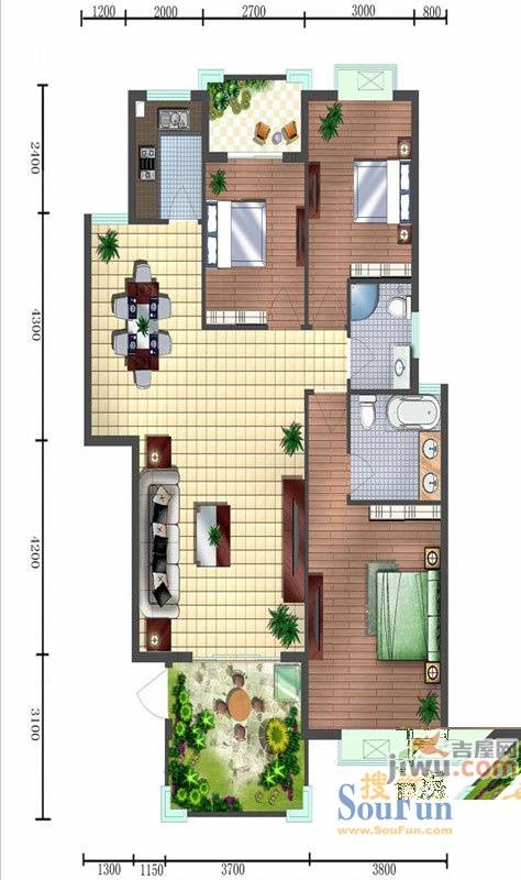 阳光翠庭3室2厅2卫120.4㎡户型图