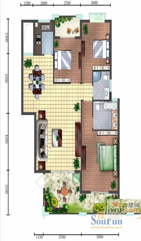 阳光翠庭3室2厅2卫120.4㎡户型图