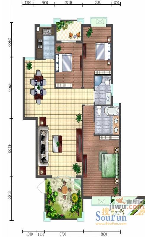 阳光翠庭3室2厅2卫120.4㎡户型图