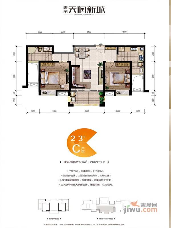 唐荣天润新城2室2厅1卫92㎡户型图